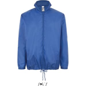 A blue unisex raincoat with a hidden hood, featuring a zip closure and adjustable hem. Includes a branding logo.