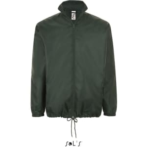 A unisex dark green water-repellent raincoat with a hidden hood and adjustable hem. It features a logo on the label.