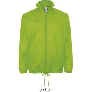 A bright green unisex rain coat with a hidden hood and drawstring at the hem. It features a logo on the label.