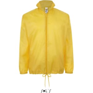 A yellow unisex rain coat with a hidden hood and adjustable drawstring at the hem. It features a logo on the label.