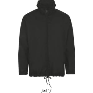 A black unisex raincoat with a hidden hood and adjustable drawstring at the waist, featuring a logo.