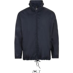 A unisex water-repellent rain coat in navy blue with a hidden hood and adjustable drawstring.