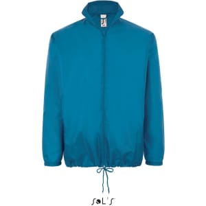 A blue unisex water-repellant raincoat with a hidden hood and adjustable drawstring at the hem. Features a branding logo.