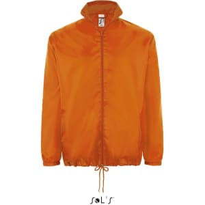An orange unisex water-repellent raincoat with a hidden hood, featuring a front zip and adjustable drawstring.