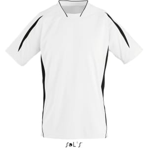 A white soccer jersey with black accents and a logo on the front.