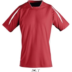 A red soccer jersey with white accents and a logo at the bottom. Short sleeves and a sporty design.