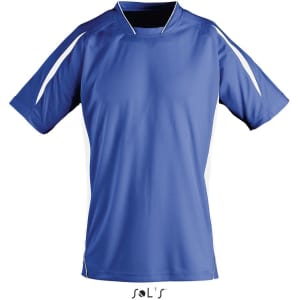 A blue kids' soccer shirt with white side accents and a logo. Suitable for active play and sports events.