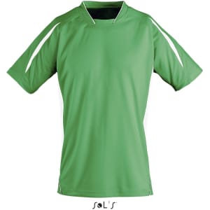 A green soccer shirt for kids with white side accents and a logo at the bottom.