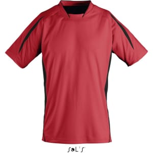 A red soccer shirt with black accents, featuring a logo on the front. Suitable for kids.