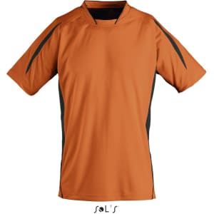An orange soccer jersey for kids with black detailing, featuring a logo at the bottom.