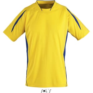 A yellow soccer shirt for kids featuring blue accents and a logo.