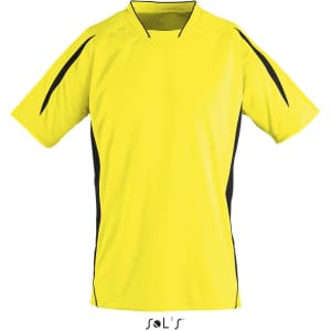 A bright yellow kids' soccer shirt featuring black accents and short sleeves. The shirt has a logo on it.
