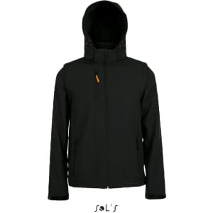 A black unisex soft shell jacket with a removable hood and sleeves, featuring an interior logo.