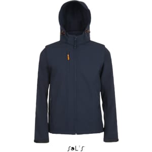 A navy unisex soft shell jacket with a removable hood and sleeves, featuring pockets and a zip closure.