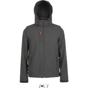 A grey unisex soft shell jacket with a removable hood and sleeves, featuring a zipper and pockets.