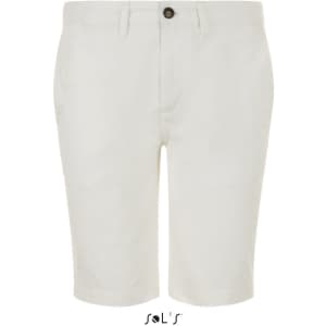 Men's chino shorts in cream colour featuring a front button and pockets, with branding displayed.