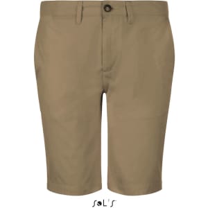 Men's chinos in a light tan colour with a front button and zipper closure, featuring a label logo.