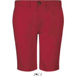 Men's chino-style shorts in a vibrant red colour, featuring a button closure and a branded logo.