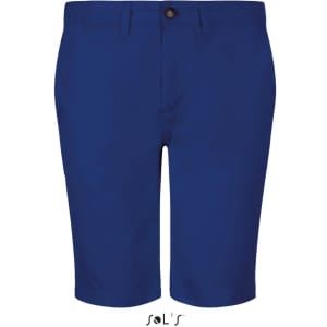 Men's chino shorts in a vibrant blue colour, featuring a button closure and a brand logo.