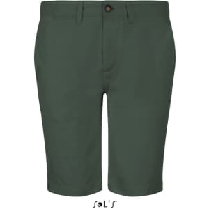 Men's chino shorts in dark green with a button closure and front pockets. Features branding on the waistband.