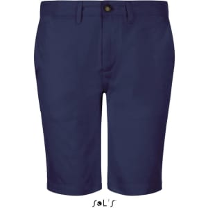 Men's chino style shorts in navy blue with a button closure and a logo at the hem.