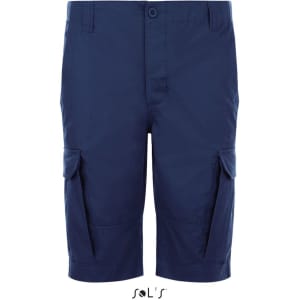 Bermuda-style men's shorts in navy blue with side cargo pockets and a button closure. Features brand logo.