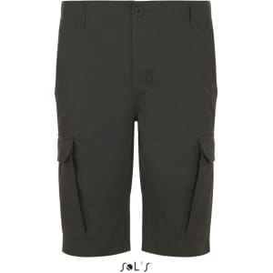 Bermuda-style men's shorts in dark green, featuring side cargo pockets and a button closure, with a logo at the bottom.