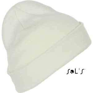A white beanie made from 100% acrylic, featuring a logo on the side.
