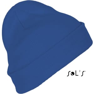 A blue beanie made of 100% acrylic with a logo on the side.
