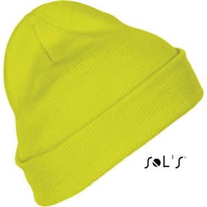 A vibrant yellow beanie made of 100% acrylic, featuring a logo.