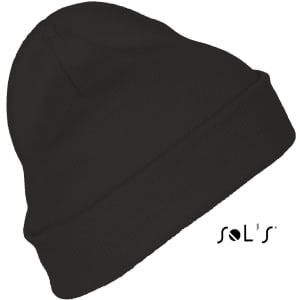 A black 100% acrylic beanie with a fold-over cuff and a logo on the side.