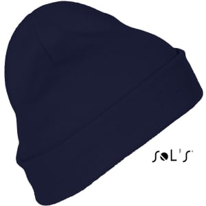 A navy blue beanie made of 100% acrylic, featuring a branding logo on one side.