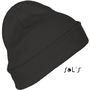 A black beanie made of 100% acrylic with a fold-over cuff and a logo on the side.