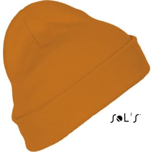 A vibrant orange beanie made from 100% acrylic, featuring a branding logo.