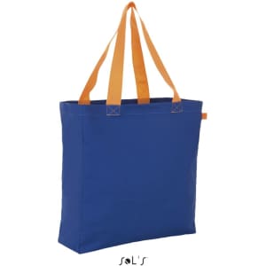 A blue shopping bag with orange straps, featuring a logo. The bag has a simple, rectangular design.