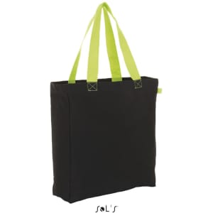 A black shopping bag with lime green straps and a simple design. The bag has a logo on it.