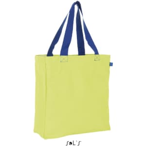 A yellow shopping bag with blue handles and a logo on one side.