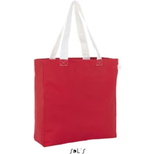 A red shopping bag with white straps, featuring a simple design and a logo.