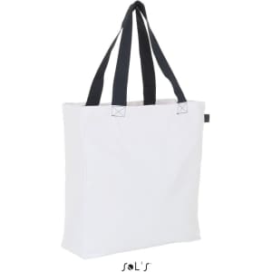 A white shopping bag with dark handles, featuring a simple design and branding on the side.