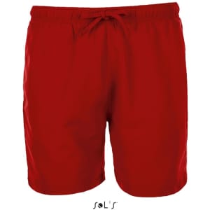 Red men's microfibre swim shorts with an elastic waistband and drawstring, featuring a logo.
