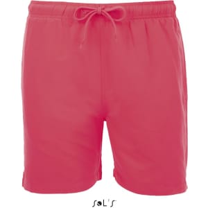 A pair of coral men's microfibre swim shorts with an elastic waistband and drawstring. Features a brand logo.