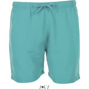 Men's microfibre swim shorts in a light teal colour, featuring an elastic waistband with a drawstring and a logo.