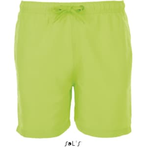 Men's microfibre swim shorts in bright lime green with an elastic waistband and drawstring. Features a logo.
