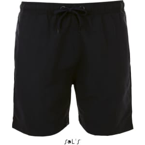 Men's microfibre swim shorts in black, featuring an elastic waistband and drawstring, with a branded logo.