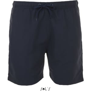 Men's microfibre swim shorts in navy blue with an elasticated waistband and drawstring. The shorts feature a branding logo.
