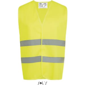 A bright yellow unisex safety vest with reflective grey stripes, featuring a logo.