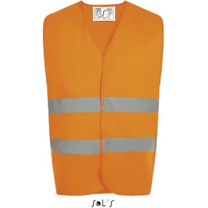 An orange unisex safety vest featuring reflective silver stripes and a logo at the bottom.