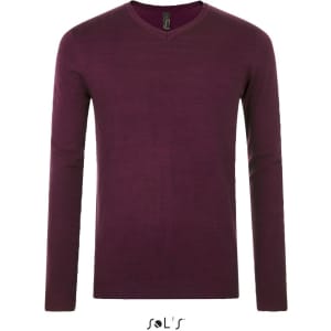 A maroon v-neck men's jumper with long sleeves, featuring a small branding logo.