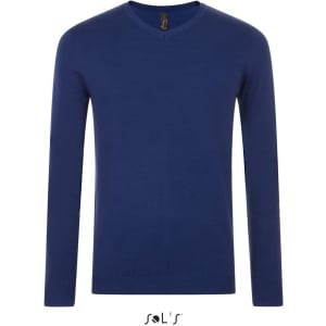 A navy V-neck jumper for men with long sleeves, featuring a tag and a logo at the neck.