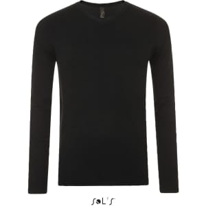 A black long-sleeve V-neck jumper for men, featuring a logo at the collar.